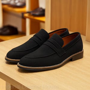 May include: A pair of black suede loafers with a classic design. The shoes have a rounded toe, a strap across the vamp, and a low heel. The soles are brown with a white trim. The background is a wooden surface.