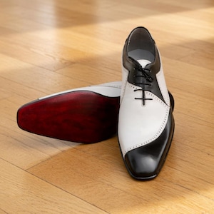 Handmade men’s two tone Oxford dress shoes in black and white leather, elegant formal wedding and party footwear by Imperial Leather House