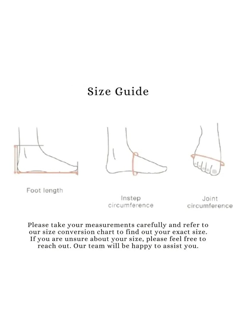 Puede incluir: Una gu&iacute;a de tallas en blanco y negro con tres dibujos lineales de un pie. Los diagramas ilustran c&oacute;mo medir la longitud del pie, la circunferencia del empeine y la circunferencia de la articulaci&oacute;n. Incluye el texto Size Guide.