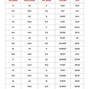 May include: A white chart with black text detailing men's shoe size conversions. The chart includes US, Euro, and UK sizes, along with measurements in inches and centimeters. Sizes range from US size 6 to 14.