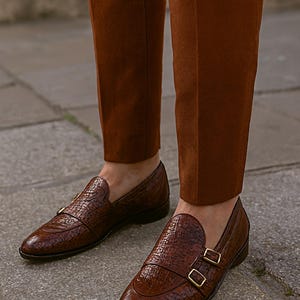 Brown crocodile leather double monk strap loafers for men