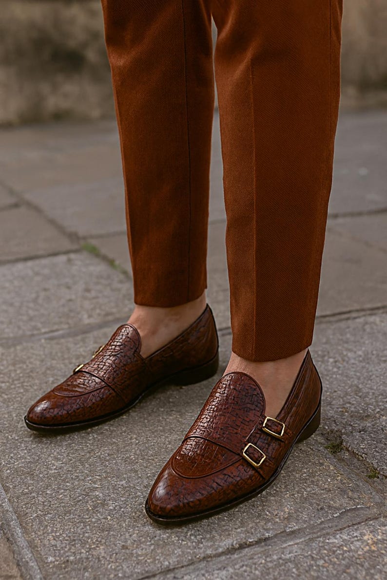 Brown crocodile leather double monk strap loafers for men