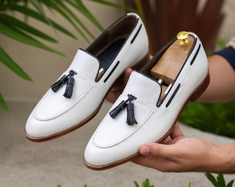 Men’s White Leather Tassel Loafers – Handmade Slip On Dress Shoes, Elegant Formal & Wedding Footwear