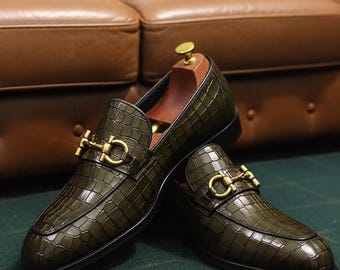 Mocasines de piel con efecto cocodrilo para hombre – Zapatos de vestir Horsebit hechos a mano – Calzado formal de lujo
