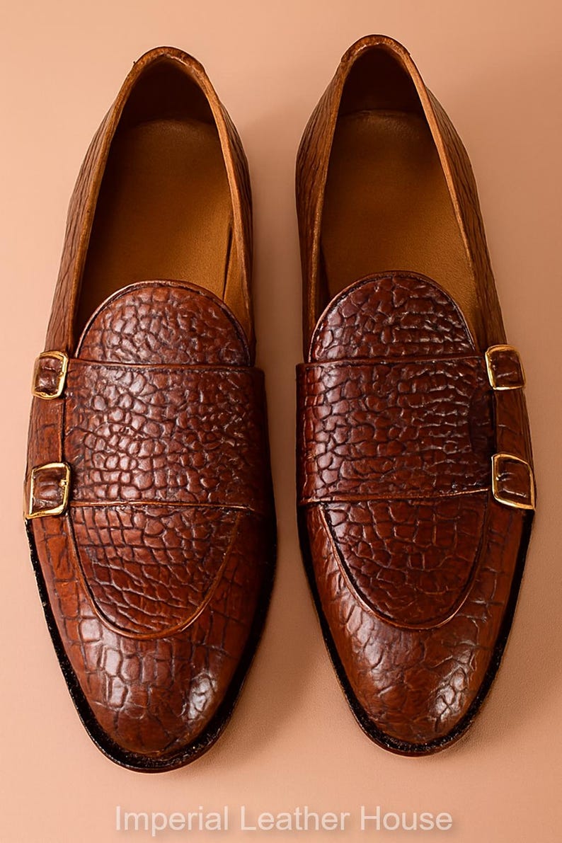 Handmade men’s leather loafers with crocodile texture and buckles