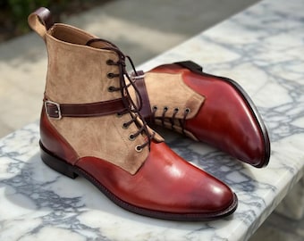 Botines de hombre hechos a mano – Botines de cuero bicolor con cordones, zapatos de vestir de estilo vintage