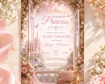 Princess Fairytale Baby Shower Invitation, Royal Castle Canva Template, Digital Download