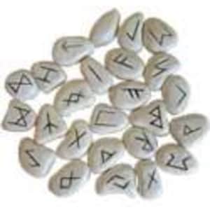 May include: A collection of twenty-four white, oval-shaped rune stones. Each stone features a different black rune symbol. The stones are arranged in a pile, with some overlapping, against a neutral background.