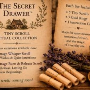 May include: A set of five tiny paper scrolls secured with gold rings, accompanied by two parchment cards. The cards feature text including The Secret Drawer, Tiny Scroll Ritual Collection, and a list of contents, alongside a bundle of dried lavender.