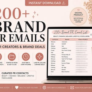 May include: Digital product image featuring a laptop displaying a list of 200+ brand PR emails for creators. The image includes a tube of rhode skincare product and text: "Instant Download" and "Digital Product."