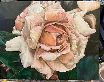 庭のバラ、オリジナルのアクリル画、花の絵画、ピンクの花、16x20の