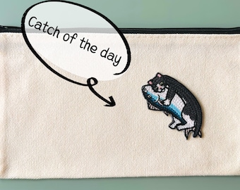Cat & Fish Embroidered Canvas Pouch, Funny Zipper Pouch, Small Gift Bag