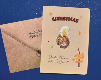 Tarjeta navideña bordada de ardilla del bosque, parche extraíble, tarjeta de felicitación navideña de 5x7
