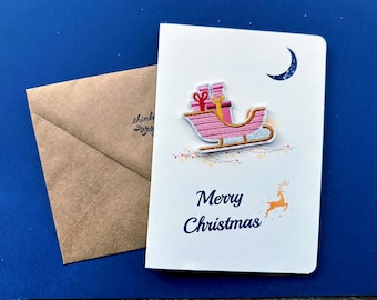 Embroidered Sleigh Christmas Card, Removable Iron-On Patch, 5x7 Holiday Greeting Card