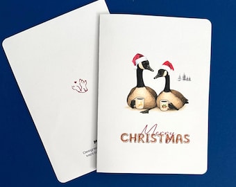 Tarjeta navideña de gansos, arte navideño de gansos, invierno canadiense A6
