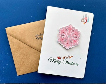 Embroidered Pink Snowflake Christmas Card, Removable Iron-On Patch, 5x7 Holiday Greeting Card