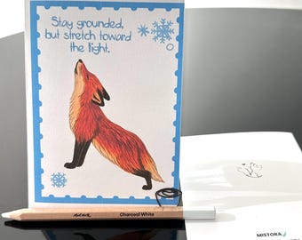 Fox Greeting Card, Inspirational Animal Art, Winter Snowflake Design