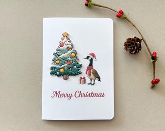 Tarjeta de ganso navideño, parche bordado de árbol, saludo festivo