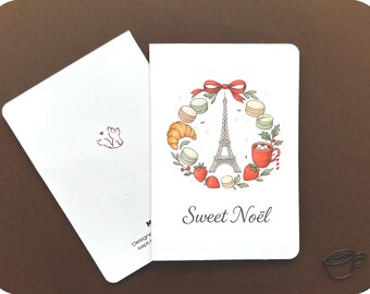 Tarjeta navideña "Sweet Noël Paris", corona de macarrones de la Torre Eiffel, tarjeta de felicitación navideña con postre francés