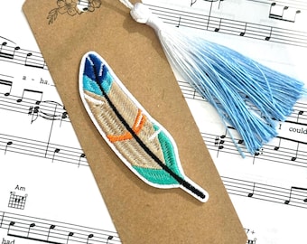 Boho Feather Embroidered Bookmark, Kraft Bookmark with Blue Tassel, Minimal Bookish Gift