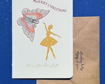 Embroidered  Ballerina Christmas Card, Removable Butterfly Patch, 5x7 Holiday Greeting Card, Keepsake