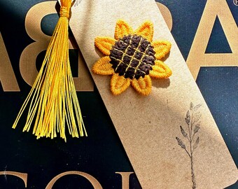 Sunflower Embroidered Bookmark, Kraft Paper Bookmark with Yellow Tassel, Nature Gift