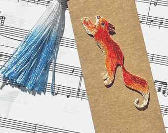 Running Fox Embroidered Bookmark, Kraft Paper Bookmark with Tassel, Bookish Gift