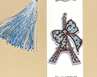 Eiffel Tower Paris Embroidered Bookmark, Blue Tassel Kraft Bookmark, French Bookish Gift