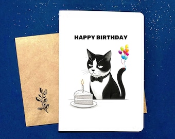 Tarjeta de cumpleaños de Grumpy Cat: esmoquin blanco y negro con pastel y globos, ilustración minimalista y divertida, interior en blanco.