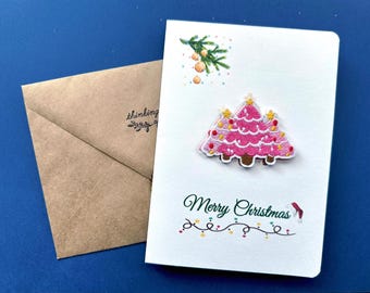 Embroidered Pink Christmas Tree Christmas Card, Removable Patch, 5x7 Holiday Greeting