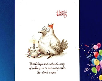 Eat More Cake, Funny Grumpy Bird Birthday Card 5x7