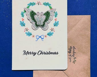Embroidered Butterfly Wreath Christmas Card, Removable  Patch, 5x7 Holiday Greeting, Blank Inside, Keepsake