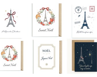 Set de tarjetas navideñas de París, Torre Eiffel y Navidad francesa (Tarjetas A6), Paquete de felicitaciones navideñas