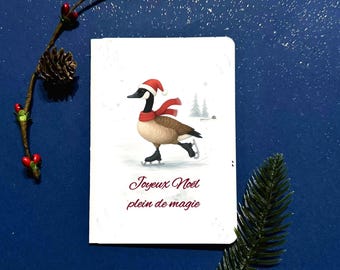French Christmas Card, Skating Canada Goose – “Joyeux Noël plein de magie” Holiday Card