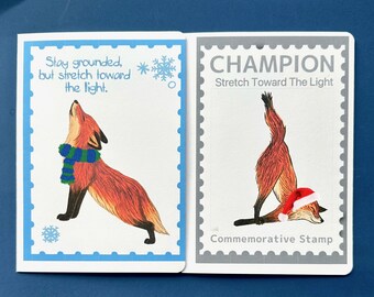 Tarjetas navideñas de Fox Yoga, estilo sello postal vintage, juego de 2