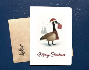 Tarjeta navideña de ganso, regalo de ganso navideño, tarjeta navideña de invierno A6, ilustración de ganso canadiense