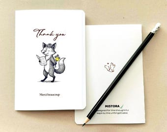 Elegante tarjeta de agradecimiento de zorro, Merci Beaucoup, Año Nuevo, agradecimiento animal para amigos, maestros y clientes