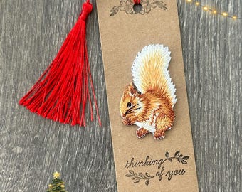 Squirrel Embroidered Bookmark, Kraft Paper Bookmark with Red Tassel, Bookish Gift