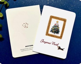 Tarjeta navideña francesa "Joyeux Noël", con ilustración de un árbol con perro salchicha enmarcado