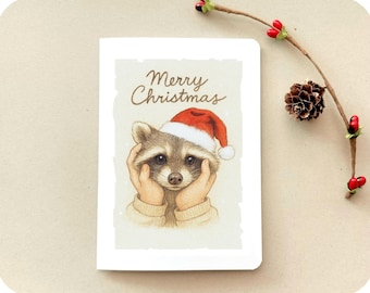 Tarjeta navideña de mapache, saludo navideño de bosque, fiesta de animales, A6, interior en blanco