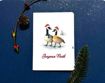 Tarjeta navideña francesa con gansos, Joyeux Noël, tarjeta navideña con ganso canadiense sobre hielo, A6