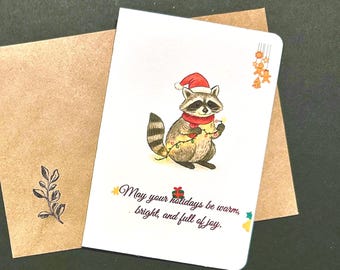 Tarjeta navideña de mapache, saludo navideño con temática de bosque, sobre kraft, regalo para calcetines navideños, tamaño A6