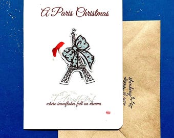 Embroidered Paris Christmas Greeting Card, Eiffel TowerPatch, 5x7 , Removable Patch