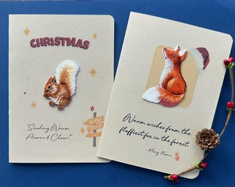 Juego de tarjetas navideñas bordadas con zorro y ardilla, parche extraíble