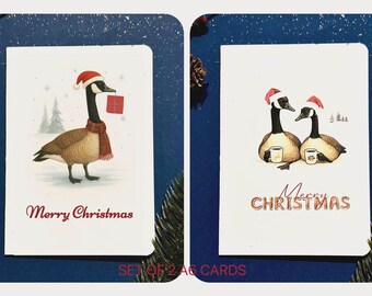 Divertidas tarjetas navideñas de gansos canadienses, gansos de café (juego de 2 A6)