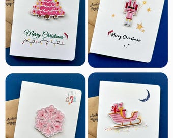 Juego de 4 tarjetas navideñas bordadas en rosa, edición limitada