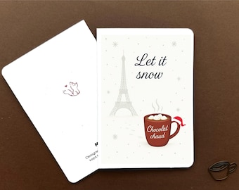 Tarjeta romántica de Navidad parisina: Torre Eiffel y chocolate caliente. Saludo navideño de invierno.