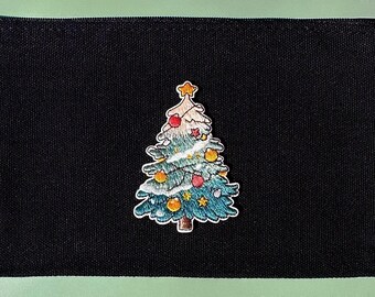Christmas Tree Embroidered Zipper Pouch, Black Canvas Pouch, Holiday Stocking Stuffer