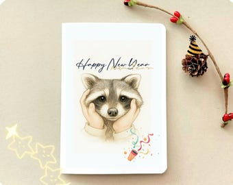 Carte de bonne année raton laveur, voeux d'animaux des bois, illustration dessinée à la main, A6 vierge à l'intérieur