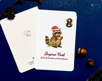 Tarjeta navideña francesa, mapache con luces, Joyeux Noël A6